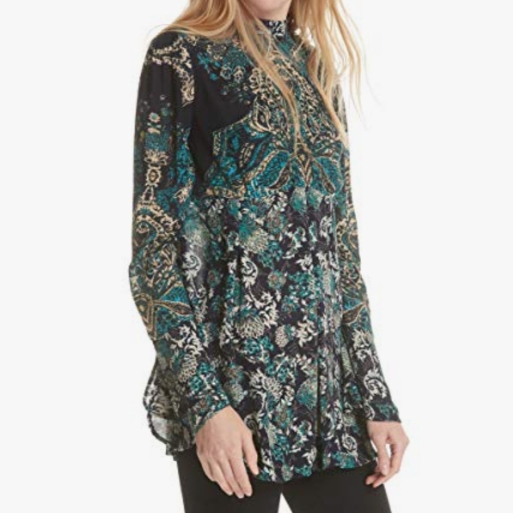 Free People Lady Luck Tunic Dress Bell Sleeve‎ boho blue combo sz M